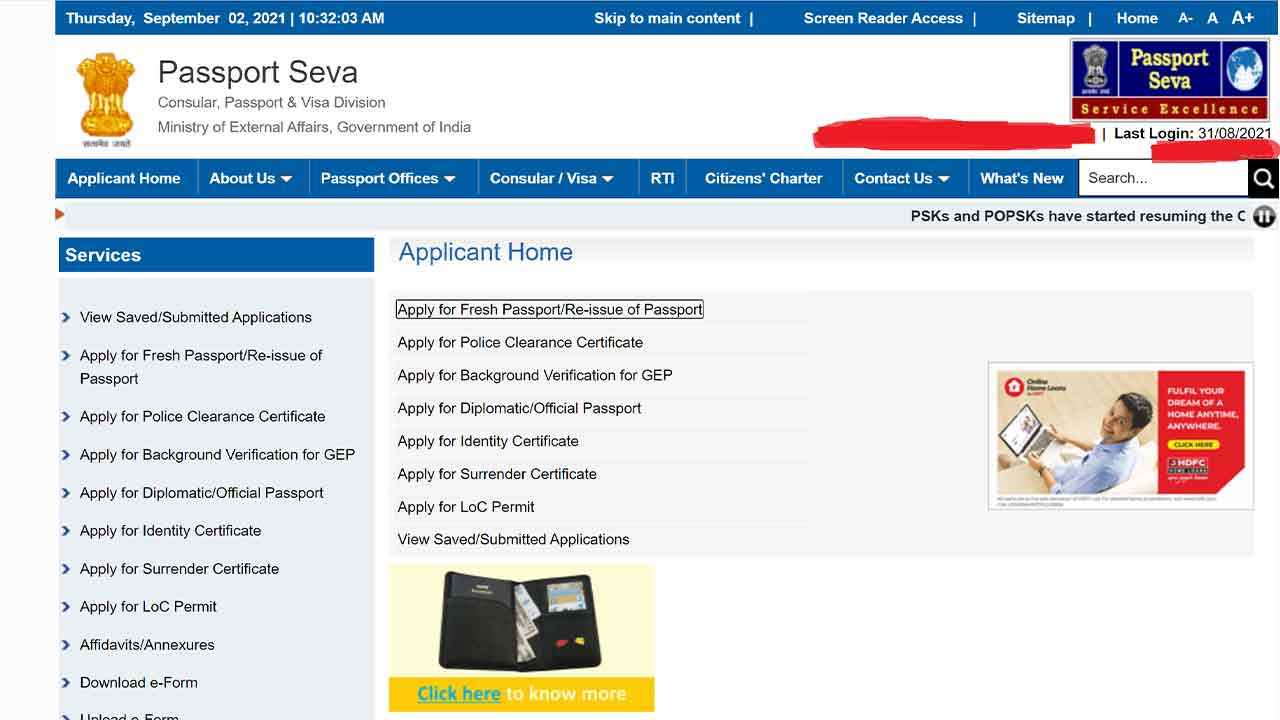 1. Go to View Saved / Submitted Applications, For Payments and Booking an appoinment